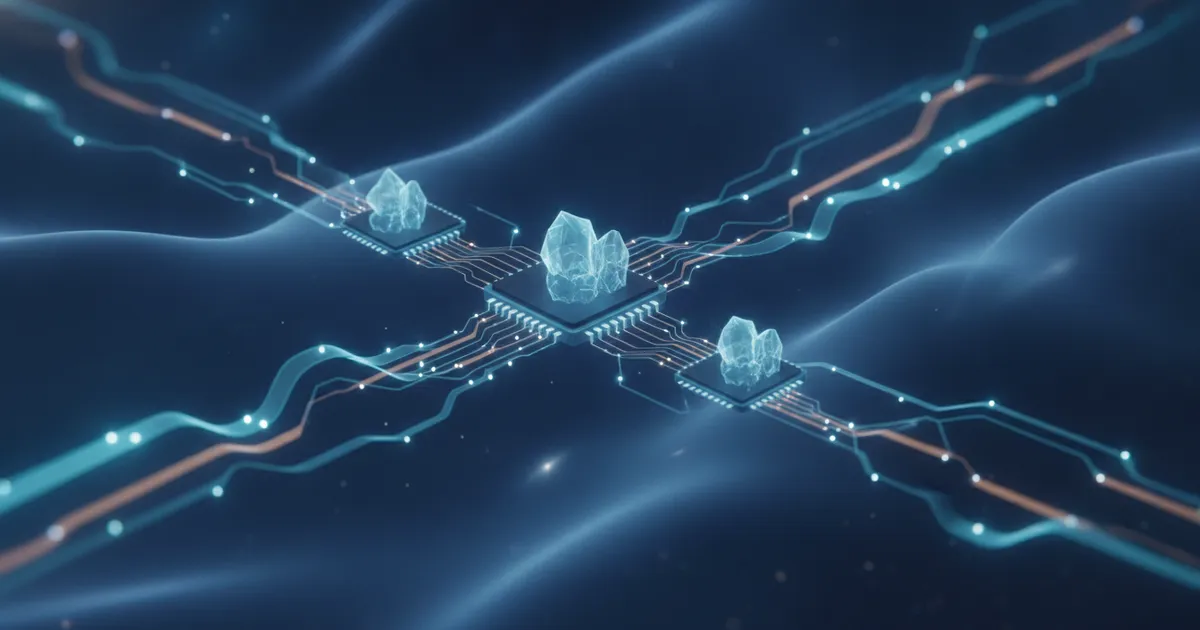 isometric silicon dies linked by glowing lattices