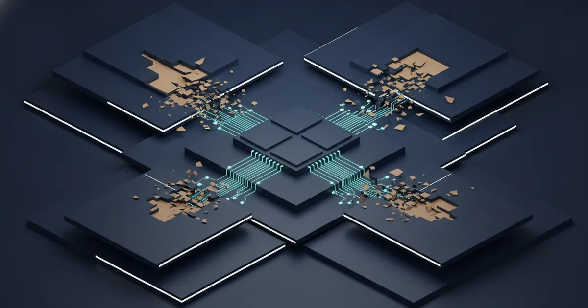 isometric silicon dies linked by glowing lattices
