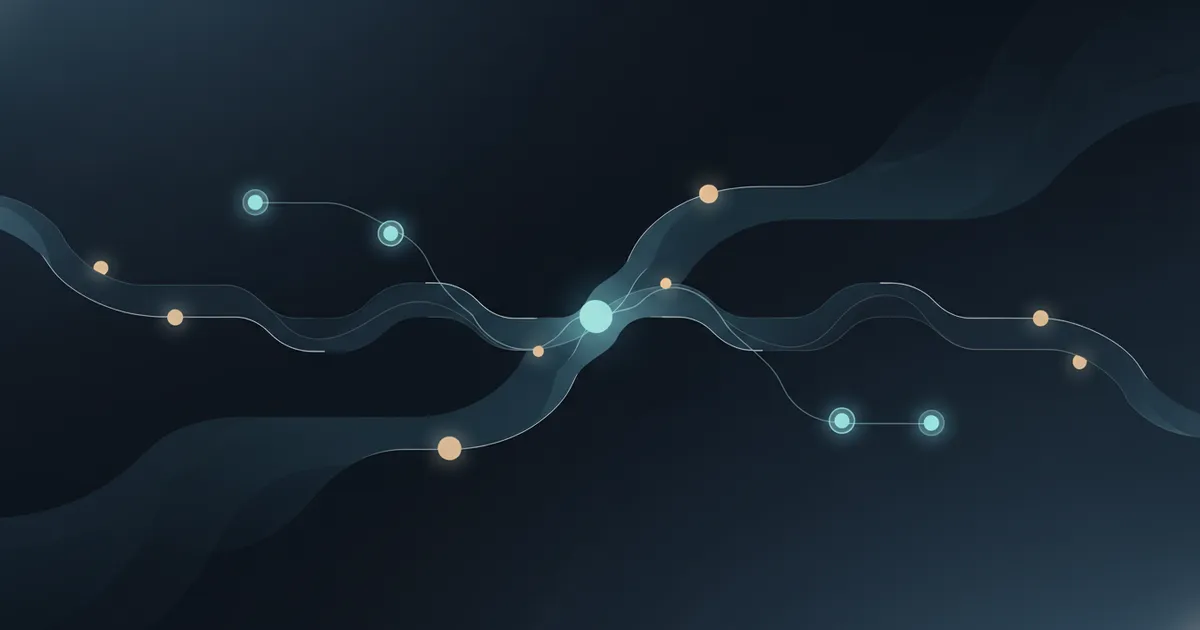 nodes passing glowing task tokens along branching paths