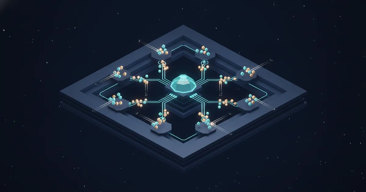 nodes passing glowing task tokens along branching paths