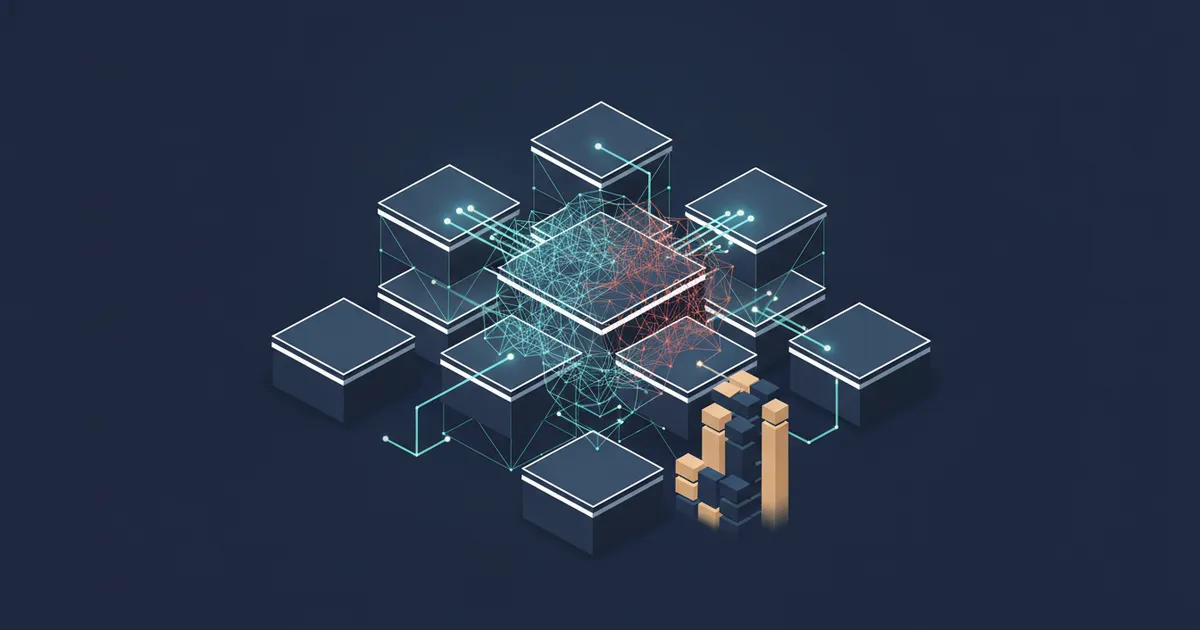 isometric silicon dies linked by glowing lattices