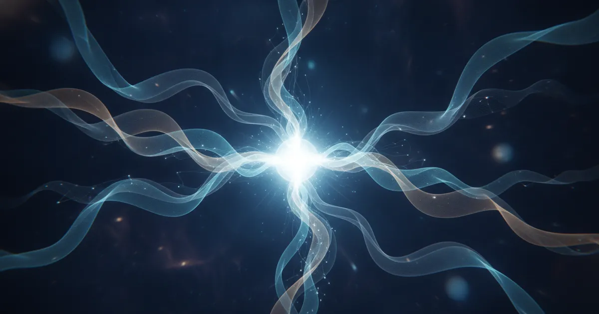 data streams converging into a single bright signal