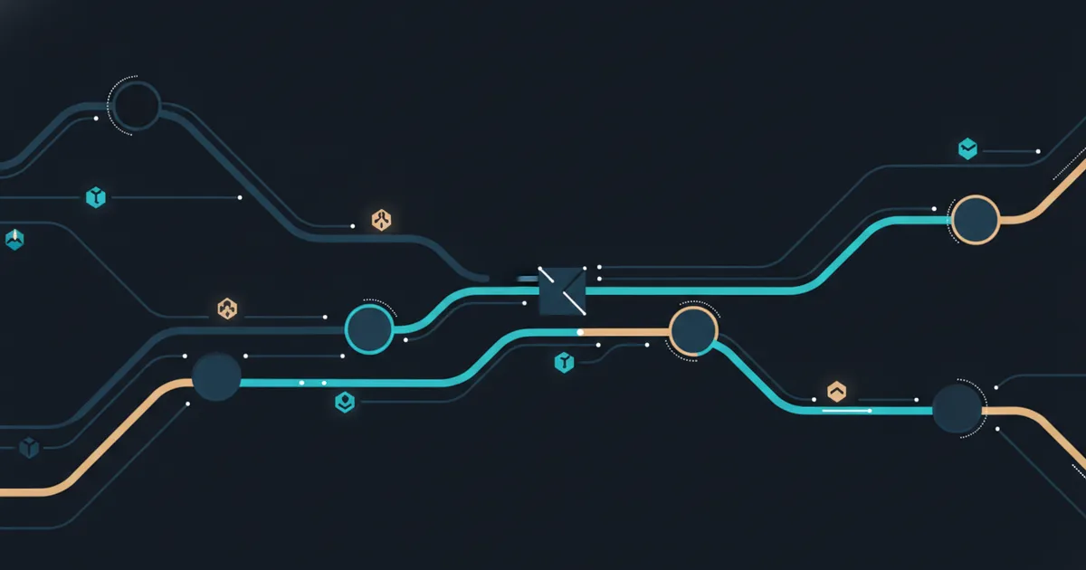 nodes passing glowing task tokens along branching paths