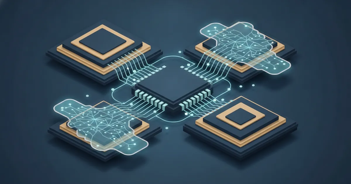 isometric silicon dies linked by glowing lattices