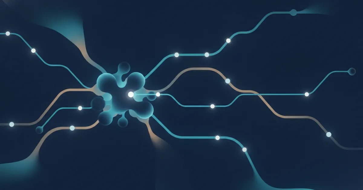 nodes passing glowing task tokens along branching paths